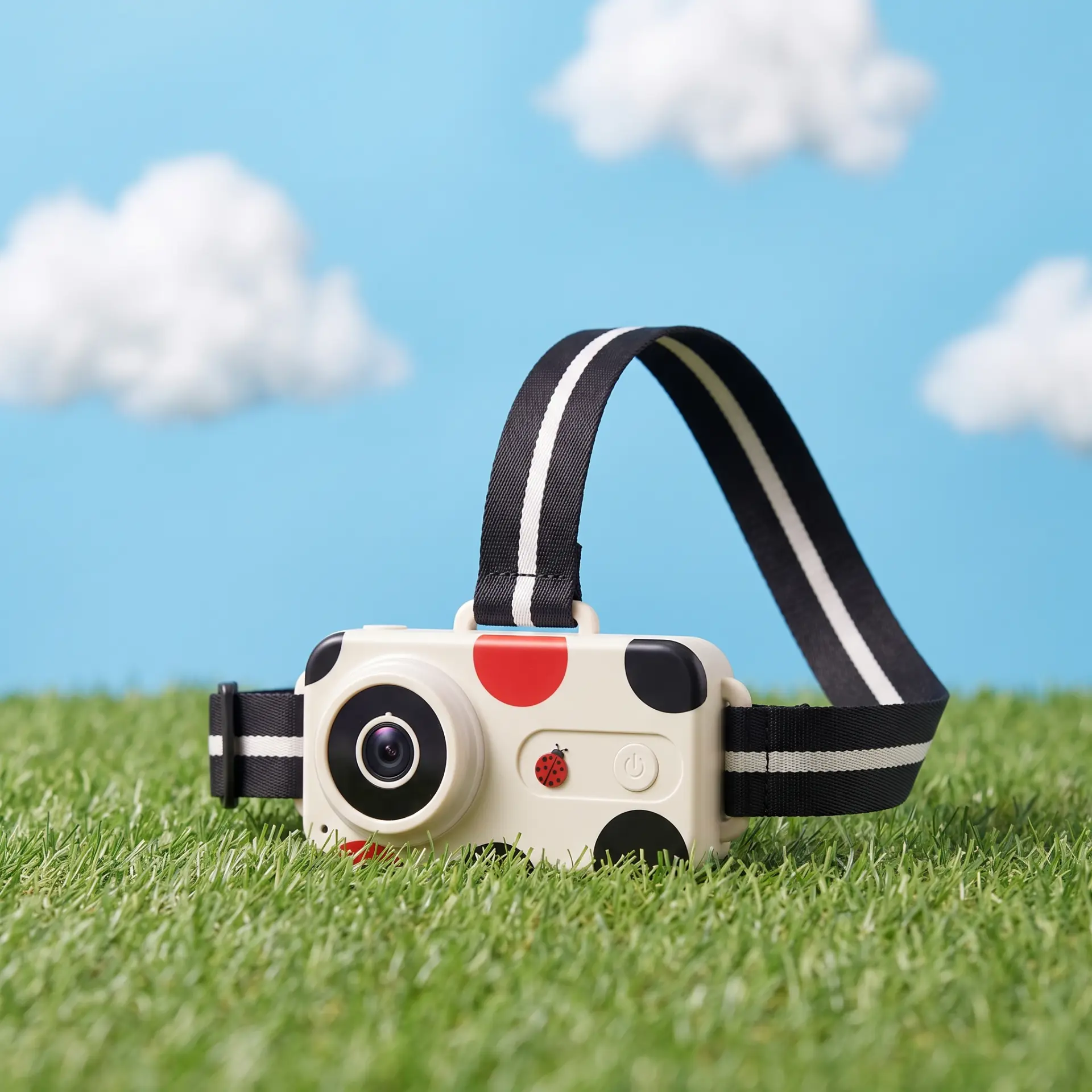 The Buhgs camera with its black, cream and red polka-dot face sitting in the grass